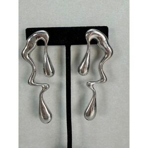 Modernist Silver Tone Face Profile Drop Earrings Abstract Surrealist Statement